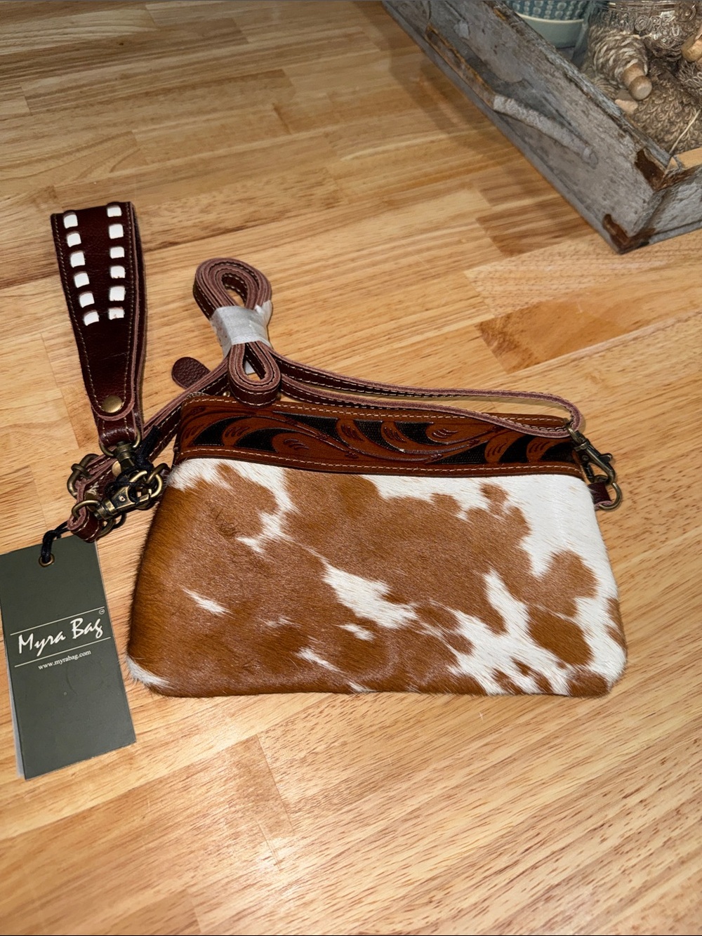 Myra Bag Brown & White Cowhide Wristlet with Leather Strap